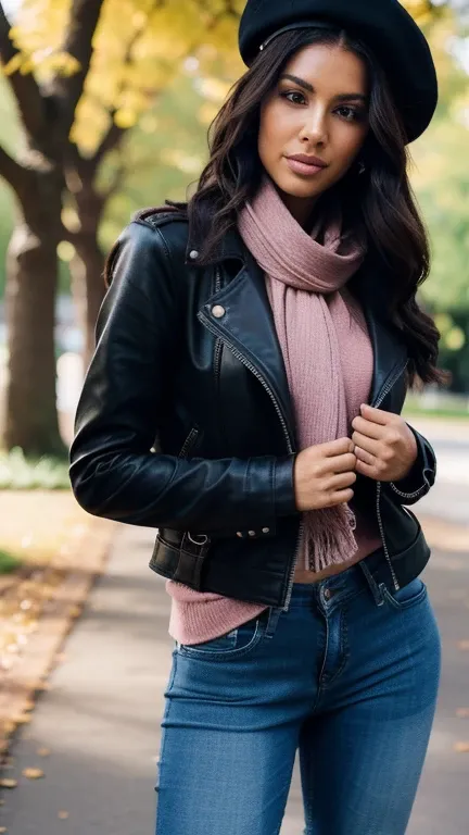 woman wearing a biker jacket, black beret, pink scarf, denim trousers, riding boots, holding a leather backpack, while is in a park, jaw-dropping beauty, attractive face and body, wavy hair, attractive woman, a gorgeous beautiful dark brown haired girl, lo...