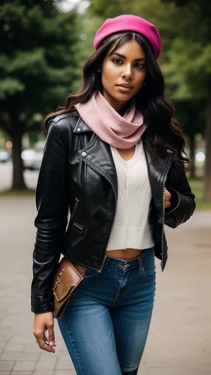 woman wearing a biker jacket, black beret, pink scarf, denim trousers, riding boots, holding a leather backpack, while is in a park, jaw-dropping beauty, attractive face and body, wavy hair, attractive woman, a gorgeous beautiful dark brown haired girl, lo...