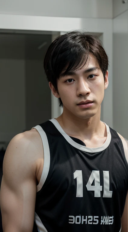 Realistic masterpiece, young Chinese man, Chinese male actor, Deng Lun อายุ 18 ปี,  handsome, Good shape, big muscles, black hair,, Bright black eyes, Narrow eyes, Prominent nose, Thin mouth, Height 180 cm, Good shape, Wear a basketball uniform, large bulg...