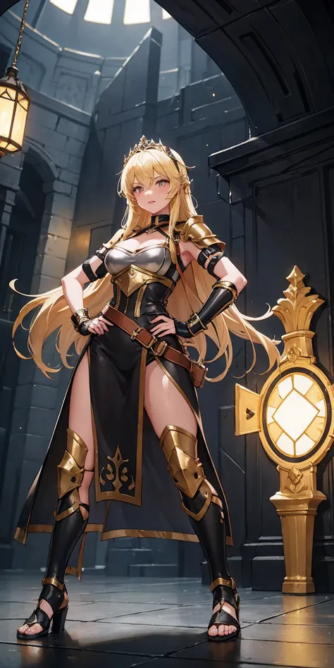 paladin lady in ornate golden armor, black collar, pauldrons, breastplate, corset, glowing halo, single braid, blonde, yellow gl...