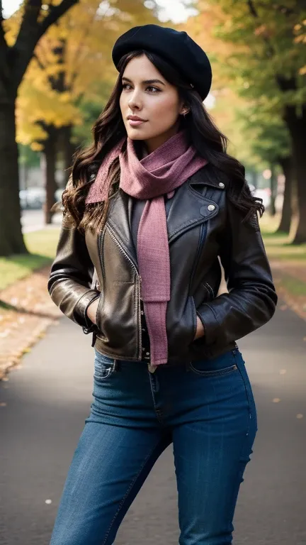 woman wearing a biker jacket, black beret, pink scarf, denim trousers, riding boots, while she is in a park, jaw-dropping beauty, attractive face and body, wavy hair, attractive woman, a gorgeous beautiful dark brown haired girl, lovely woman, gorgeous wom...