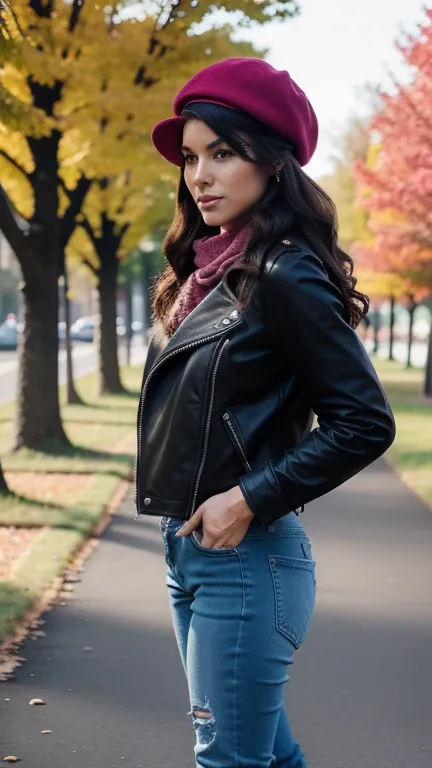 woman wearing a biker jacket, black beret, pink scarf, denim trousers, riding boots, while she is in a park, jaw-dropping beauty, attractive face and body, wavy hair, attractive woman, a gorgeous beautiful dark brown haired girl, lovely woman, gorgeous wom...