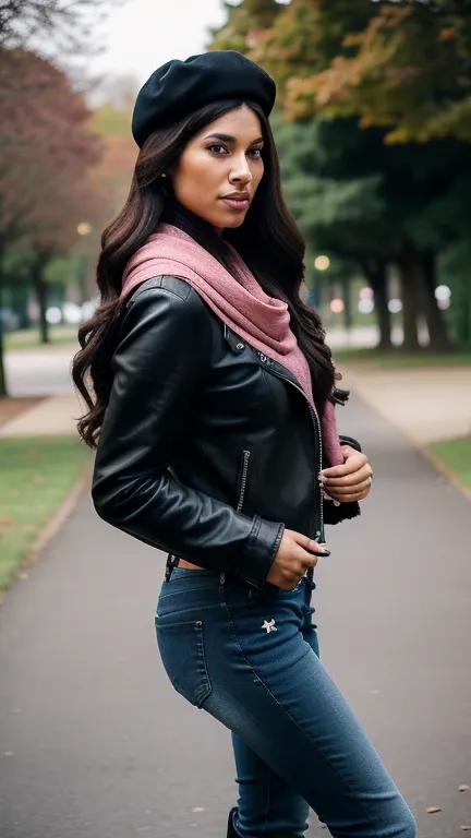 woman wearing a biker jacket, black beret, pink scarf, denim trousers, riding boots, holding a leather backpack, while is in a park, jaw-dropping beauty, attractive face and body, long wavy hair, attractive woman, a gorgeous beautiful dark brown haired gir...