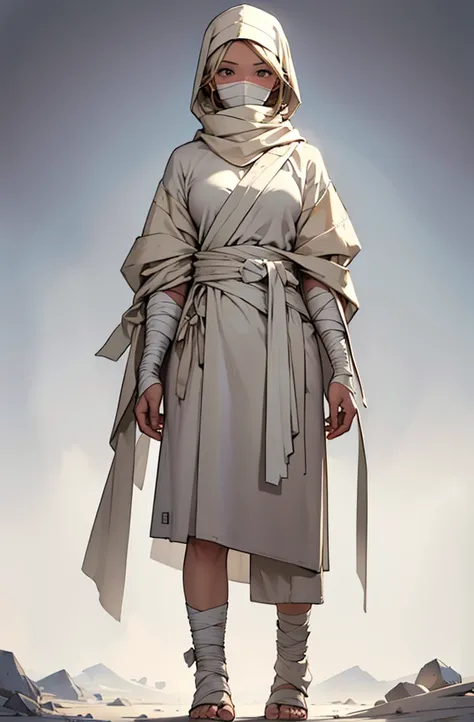 ((Best quality)), ((masterpiece)), top quality), standing alone, woman wrapped in bandages, bandaged from head to toe, whole body wrapped in bandages, bandgses covering face, wrapped up like a mummy