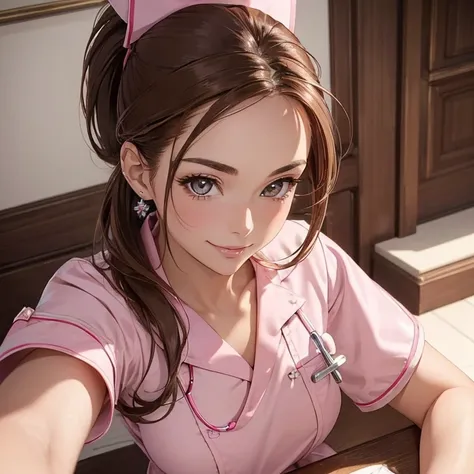 highest quality(: 1.3),(masterpiece: 1.3),(super detailed: 1.3),([diamond: 1.3|eye]:1.2),(brown hair:1.3),(Straight ponytail),1woman,seductive smile,looking at the viewer,((pink nurse uniform)),((bottomless)),((hairy public hair))