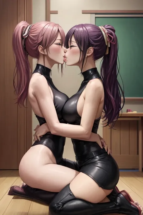 (highest quality:1.3), Yoruichi shihouin, hide, Two girls，equivalent height，In the classroom，ponytail，face each other and look at each other，hug each other，two bodies are close together，kiss、Picture of two people、Holding hands and facing each other、Photogr...