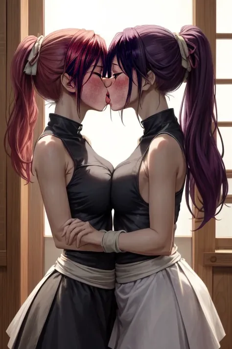 (highest quality:1.3), Yoruichi shihouin, hide, Two girls，equivalent height，In the classroom，ponytail，face each other and look at each other，hug each other，two bodies are close together，kiss、Picture of two people、Holding hands and facing each other、Photogr...