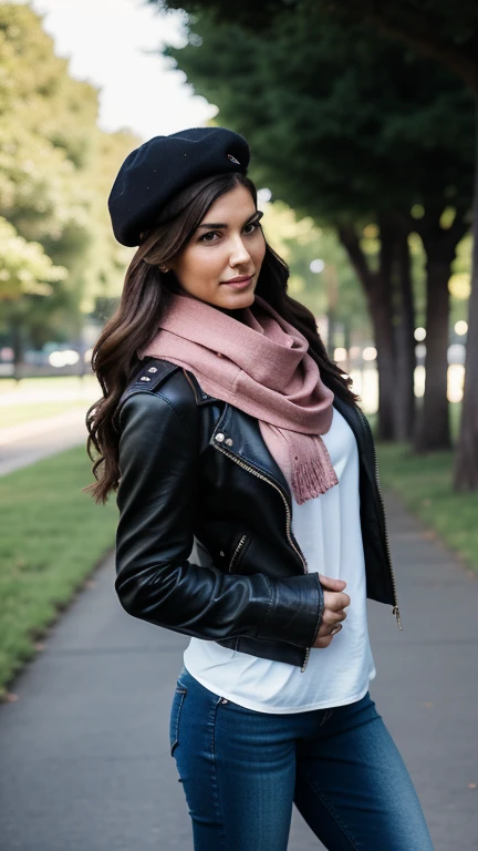 Mature woman wearing a biker jacket, black beret, pink scarf, denim trousers, riding boots, holding a leather backpack, while she is in a park, jaw-dropping beauty, attractive face and fitness body with rounded hips, long wavy hair, attractive woman, a gor...