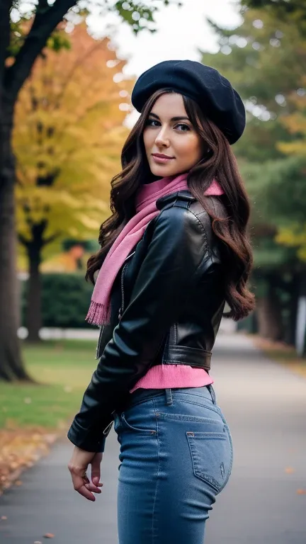 Mature woman wearing a biker jacket, black beret, pink scarf, denim trousers, riding boots, holding a leather backpack, while she is in a park, jaw-dropping beauty, attractive face and fitness body with rounded hips, long wavy hair, attractive woman, a gor...