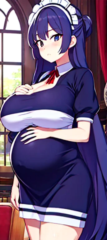 very long hair, thicc, very big breast, maid dress, pregnant