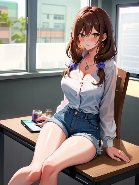 Lisa, genshin impact, ((blush:1.2)), 1 girl, alone, ((white shirt)), barefoot,  huge breasts, cleavage, uniform, office background, denim shorts, office, hair between eyes, messy hair, long hair, looking at the viewer, brown hair, red short nails, green ey...