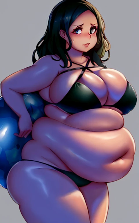 arafed woman in a black bikini posing for a picture, she has a jiggly fat round belly, thicc, her belly is fat and round, extremely plump, bbwchan, thick body, beautiful thick female, extremely fat, insanely inflated hips, strong fat bacchanalian body, hug...