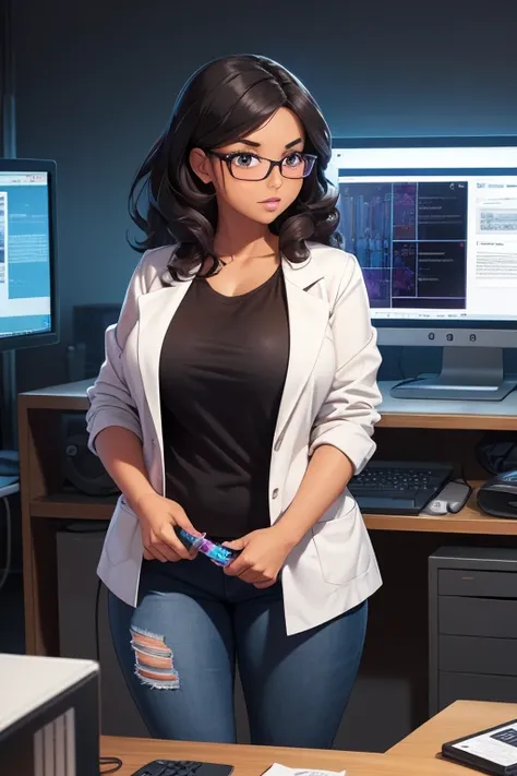 1_girl curvy black_hair curly_hair square_glasses latina brown_skin labcoat purple t-shirt lab_equipment computer screens ripped_jeans test_tubes holding test_tube standing in front of computers looking at computer, looking away from camera