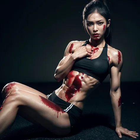 The fitness queen with abs was beaten violently，Abdominal muscle injury and bleeding，covered in wounds，covered in blood，Expression of pain