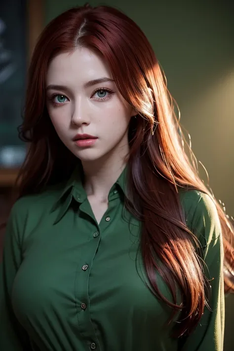 photorealistic,  masterpiece,  best quality,  raw photo,  1girl,  age22,  natural large breasts,  long hair,  red hair,  green eyes,  collared shirt,  looking at viewer,  dynamic lighting,  in the dark,  deep shadow,  low key,  intricate detail,  detailed ...