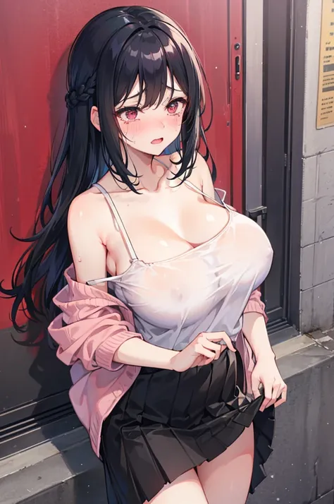 perfect human body，1 female，Mature and intellectual woman， (publicly exposed，street)，long hair， French braid, clavicle，((big breasts))，((Lower chest))，dress，smooth thighs，((woman with fever)),(blush:1.2),((skirt lift))，Shy，Fear，cry，tears，