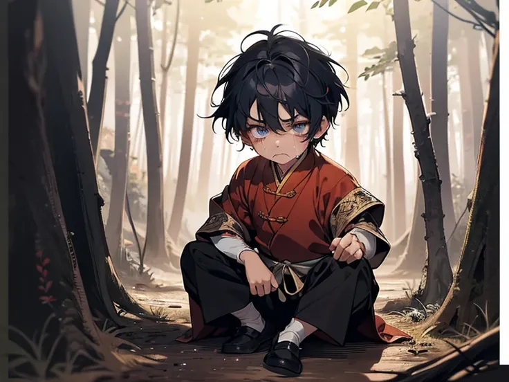 1 little kid, wearing han dynasty outfit, seriously injured, navy hair color, short hair, black eye color, face to detail, detailed eyes, crying, scared expression, the background is in the hovel in middle of forest, full-body illustration