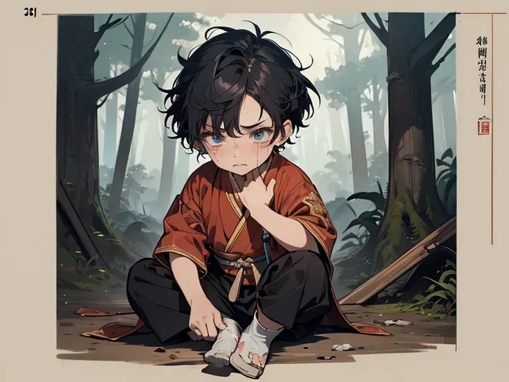 1 little kid, wearing han dynasty outfit, seriously injured, navy hair color, short hair, black eye color, face to detail, detailed eyes, crying, scared expression, the background is in the hovel in middle of forest, full-body illustration