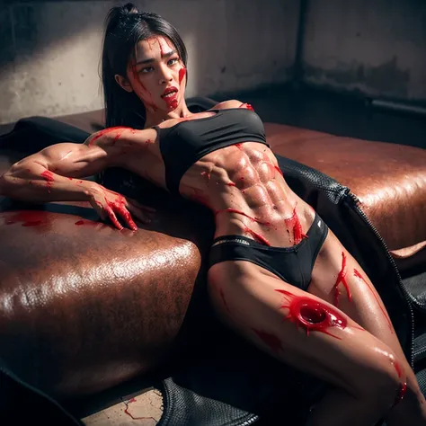 The devil girl with abdominal muscles was beaten violently，Abs are pronounced，Abdominal muscle injury and bleeding，covered in wounds，covered in blood，Expression of pain