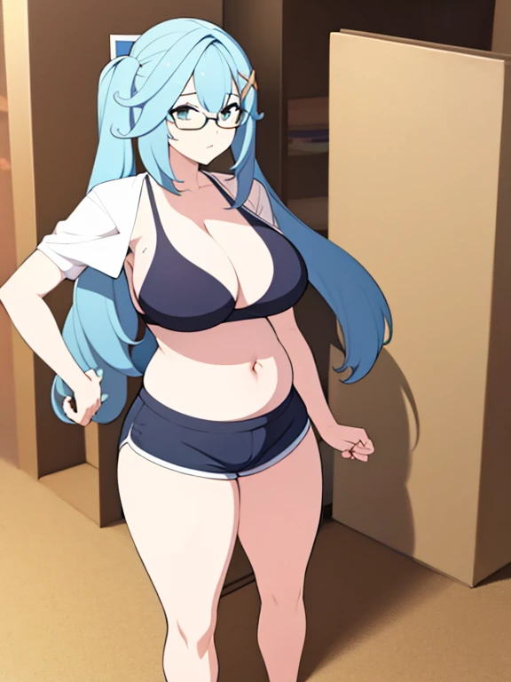 full body, standing, thicc, very big breast, sport bra, very thight shorts, pregnant, long hair, barefoot, glasses