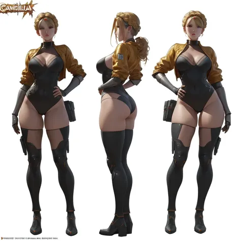 front view, side view, back view, different poses of female KarolinaDemy, masterpiece, best quality, detailed face, toned, video game character design, character artwork, video game character art, official concept art, ( ( character concept art ) ), high q...