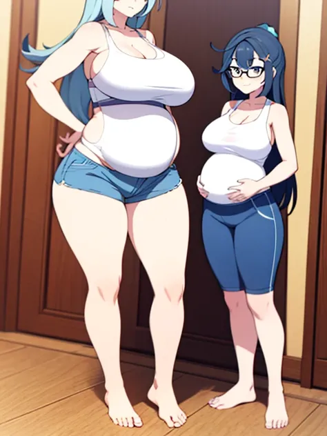 full body, standing, thicc, very big breast, sport bra, very thight shorts, pregnant, long hair, barefoot, glasses