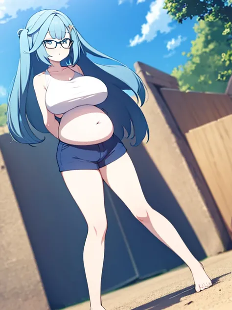 full body, standing, thicc, very big breast, sport bra, very thight shorts, pregnant, long hair, barefoot, glasses