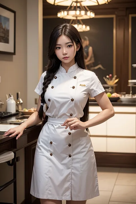 Epic action scene, A pretty thai girl wear glass with long braids, wearing a chefs uniform, focusing on her largest chocolate fabulous sculpture creation with intricate roman castle for a contest, Masters de la Boulangerie, a beautiful sculpture in the con...