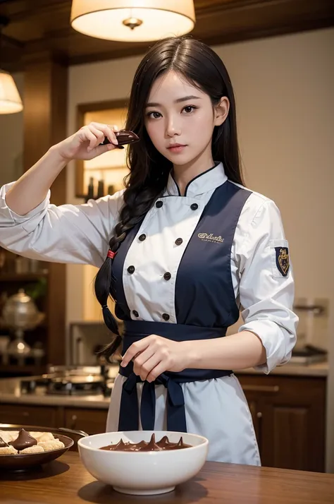 epic action scene, a pretty thai girl wear glass with long braids, wearing a chef's uniform, focusing on her largest chocolate f...