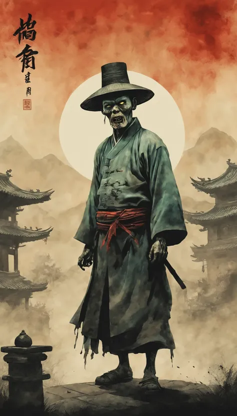 A terrifying Qing Dynasty zombie stands at the center with arms stretched out at a 90-degree angle, glaring menacingly forward. The zombie is adorned with a Zombie_hat, and dimly lit surroundings depict the faint glow of a small town. The color palette is ...