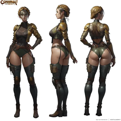 front view, side view, back view, different poses of female apocalypse mercenary, masterpiece, best quality, detailed face, toned, military gear, boots, belt, laces, strings, ((snakeskin pants)), video game character design, character artwork, video game c...