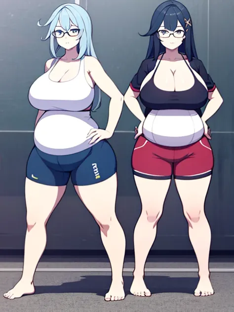 full body, standing, barefoot, thicc, very big breasts, pregnant, long hair, sports bra, very thight shorts, glasses