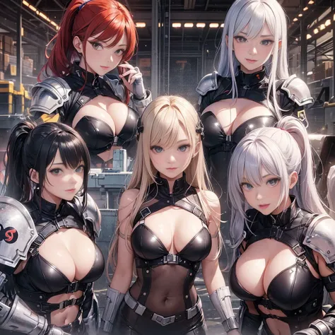 perfect anime illustration,8k,masterpiece,Super high-definition description,,(wide angle of view),sense of distance,(depth of field),5 person team,(five people)(five sisters.5 or more people,five girls, clone, identical sisters, redhead, ponytail, hairstyl...