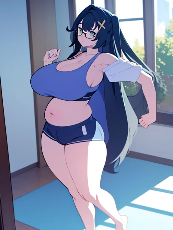 full body, standing, barefoot, thicc, very big breasts, pregnant, long hair, sports bra, very thight shorts, glasses