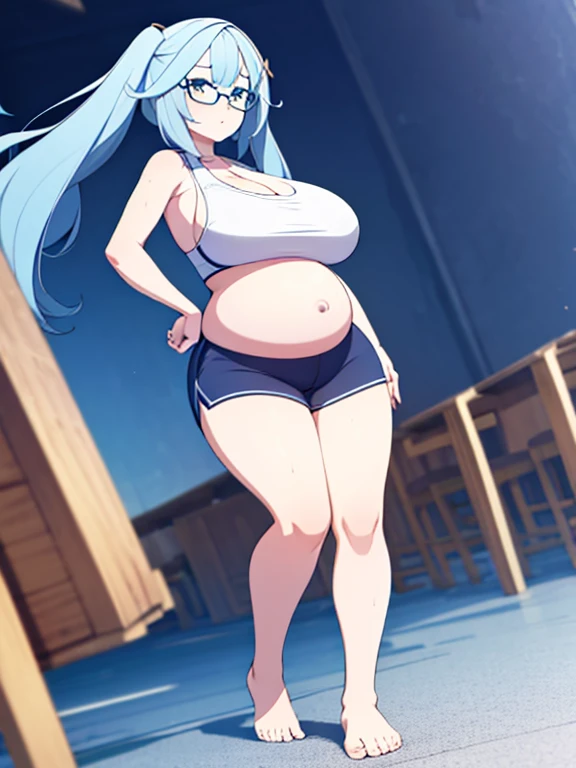 full body, standing, barefoot, thicc, very big breasts, pregnant, long hair, sports bra, very thight shorts, glasses