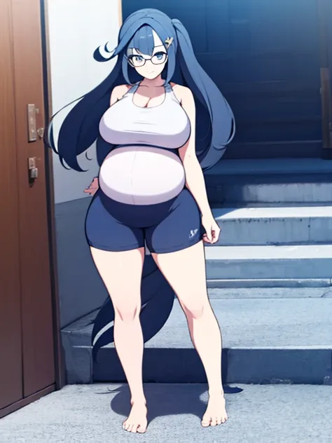 full body, standing, barefoot, thicc, very big breasts, pregnant, long hair, sports bra, very thight shorts, glasses