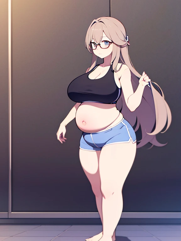 full body, standing, barefoot, thicc, very big breasts, pregnant, long hair, sports bra, very thight shorts, glasses