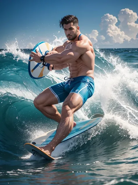 8k，8K resolution，2 Muscular Europeans, handsome man，charming eyes，rough real skin,beautiful, smooth and shiny，Full muscles，Thick body hair， (Wearing fashionable swimming trunks)，big bag，emphasize，(Sea surfing)，Two men are brave，两个人分别前后在Sea surfing互相追逐，The ...