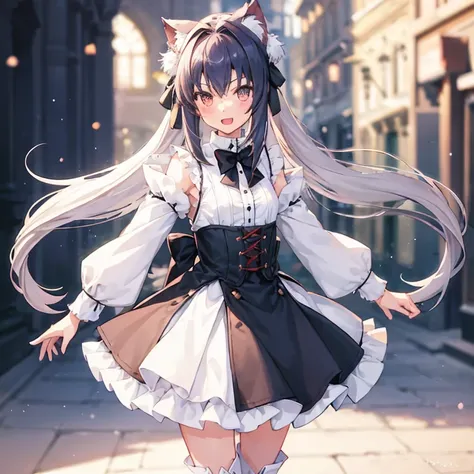 (type moon) , ((1 girl:1.5)), (((alone:1.5))),turn your arms behind your back, black bowtie, blush, button, white fur capelet, dress, fur trim, looking at the viewer, open your mouth, smile, alone, white dress, Bokeh, long sleeve, :d, blurry, blurry backgr...