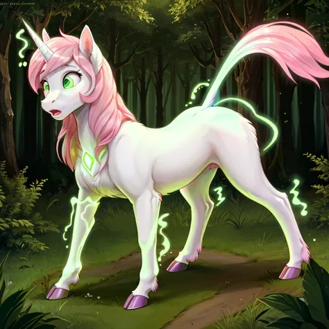 shocked slim and tall feral Female unicorn with White fur and long pink mane and tail and glowing Green eyes standing on all fours hooves there are some traces of magic floating around her she is in a forest 