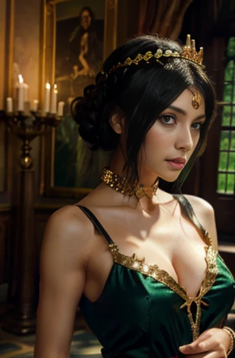 A fantasy artwork anime portrait, cgi, 4k, woman, green eyes, black hair, with a golden crown and jewels in her hair, making a "shh" sign, set in a castle, mystical atmosphere
  
