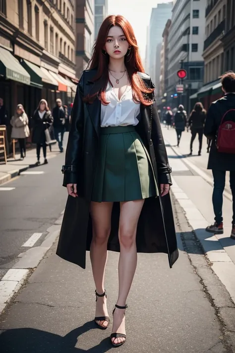 raw photo, 1girl, age22, natural medium-large breasts, long hair, red hair, green eyes, Everyday clothes, outdoors, Wearing a long black color coat, white-shirts, red pencil-skirt, a necklace, Pin high Heel Sandals, Standing on a city street, looking at vi...