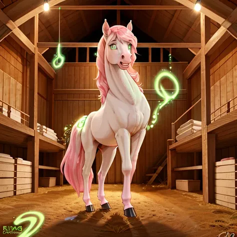 shocked slim and tall feral Female horse with White fur and long pink mane and tail and glowing Green eyes standing on all fours hooves there are some traces of magic floating around her she is in a stable