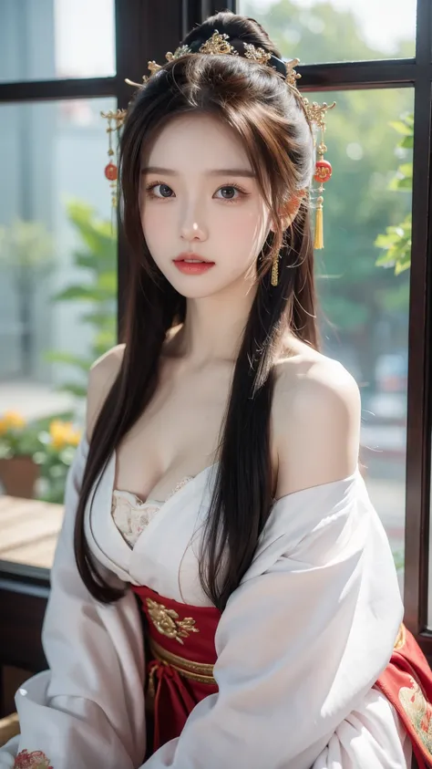 （whole body,panoramic），cleavage,Shoulder，perfect eyes，perfect iris，perfect lips，perfect teeth，perfect skin，White skin，soft headlights，Front light，Chinese girl，Yarn（Colorful Hanfu），（chinese woman&#39；hairstyle），（Various dynamic poses），Background Chinese int...