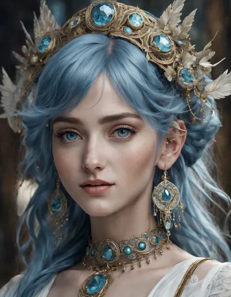 (8k 16k, RAW photo, best quality, master:1.2), (realistic, photo-realistic:1.37), ultra detailed, 1girl,solo, upper body, blue hair, big ice blue eyes, realistic, looking at viewer, happy, smile, masterpiece, realistic photography, by Alphonse Mucha, by Wl...