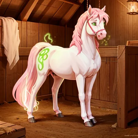 shocked slim and tall feral Female horse with White fur and long pink mane and tail and glowing Green eyes standing on all fours hooves there are some traces of magic floating around her she is in a stable