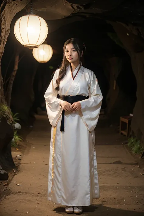 A beautiful woman wearing Hanfu stands in Hongya Cave