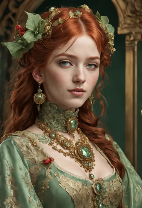 (8k 16k, RAW photo, best quality, master:1.2), (realistic, photo-realistic:1.37), ultra detailed, 1girl,solo, full body shot, red hair, light green eyes, realistic, looking at viewer, happy, smile, masterpiece, realistic photography, by Alphonse Mucha, by ...