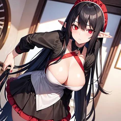 Black hair long straight hair, red eyes, elf ears, big breasts, white skin, looking at the camera, black collar, slender body, miniskirt Maid clothes, whole body, embarrassed face, Stylish coffee shop, 