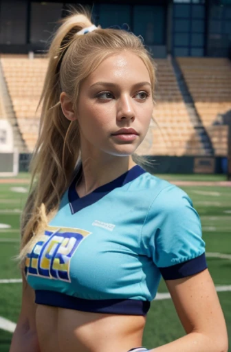 beautiful blonde girl wearing ponytail wearing cheerleader outfit standing on football field best quality (high detailed skin:1. 2) , (best quality:1. 4) , (blemishes:1) , (highly detailed clothes:1) (highly detailed face:1) , (((real hair)))